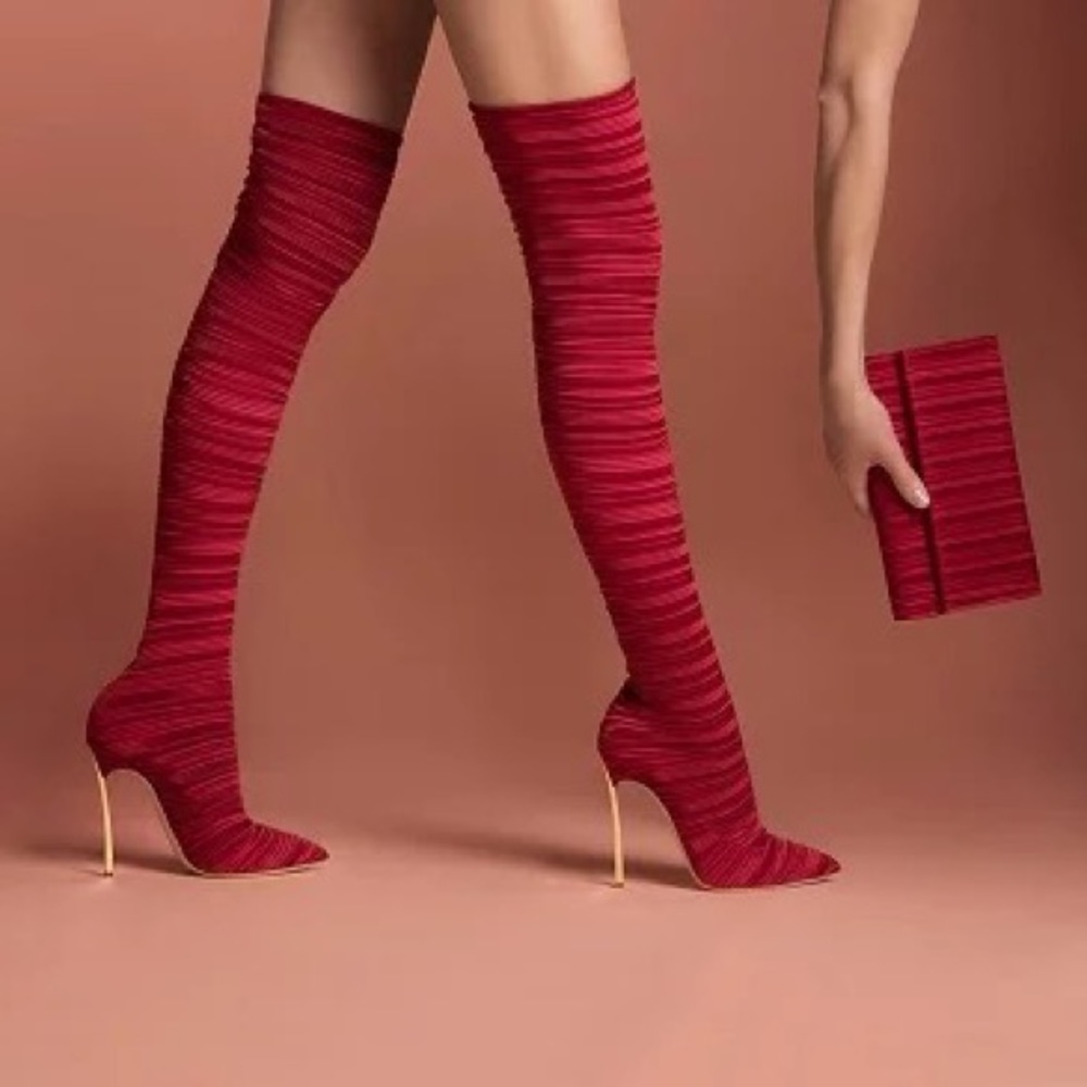 Satin red thigh high boots